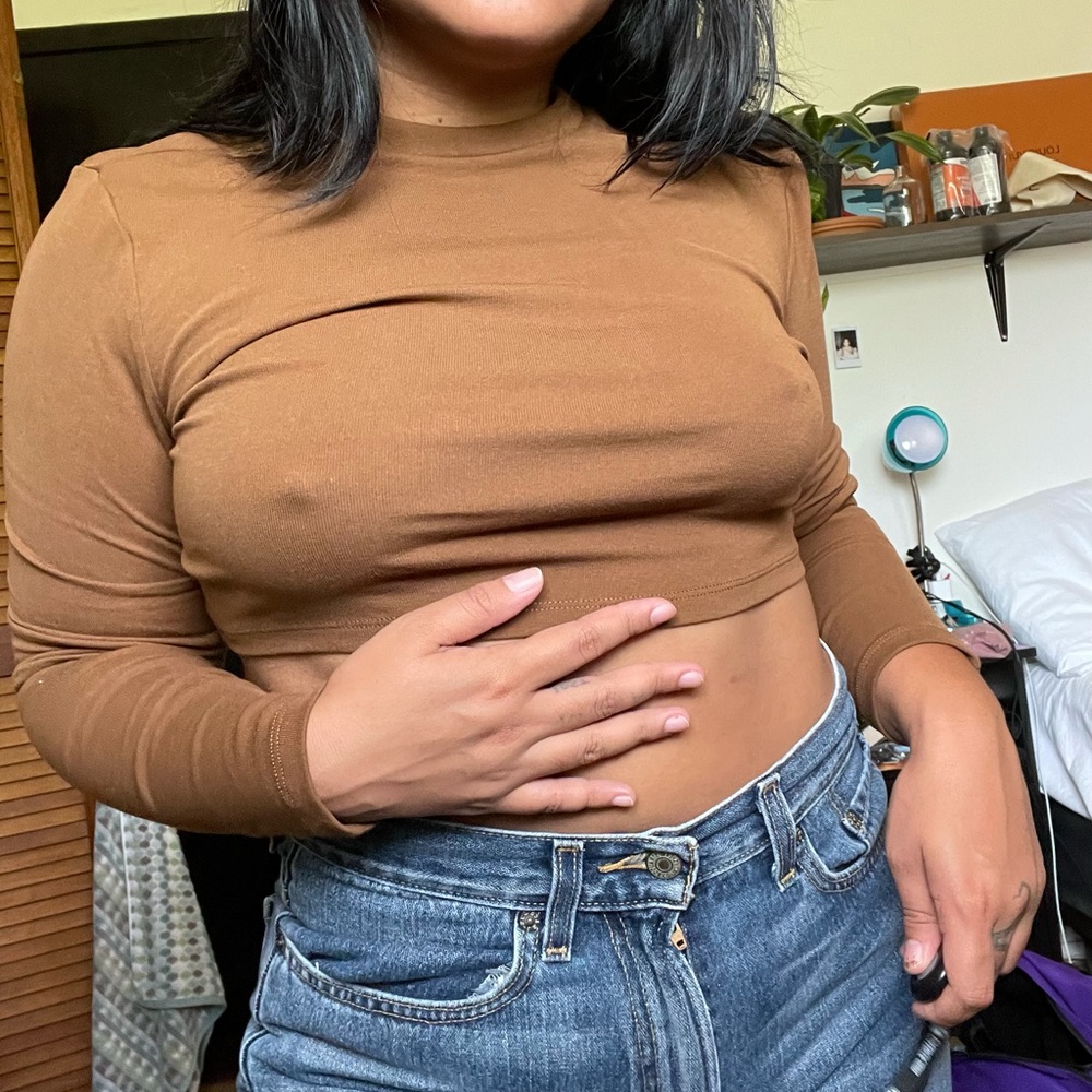 brown mock neck long sleeve